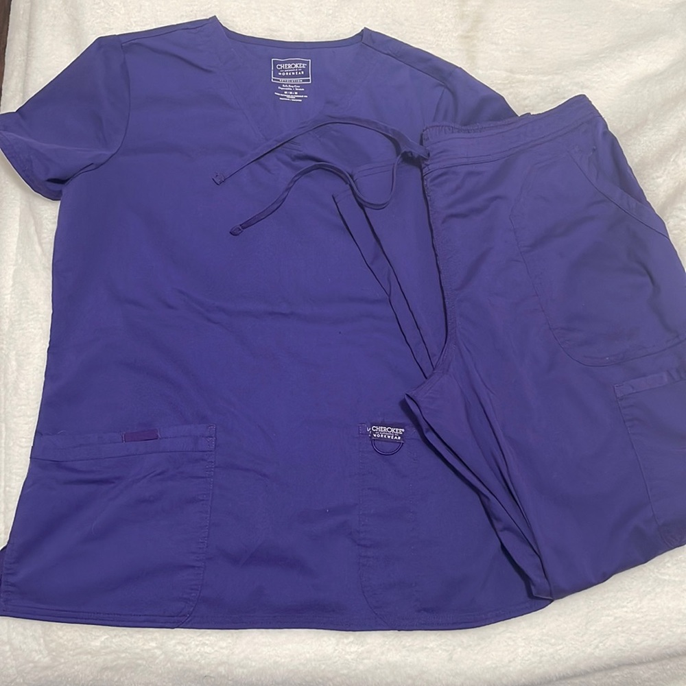 Cherokee Workwear Purple Scrub Top & Pants Set